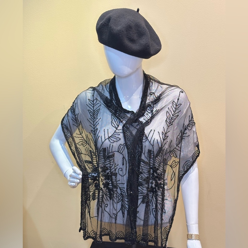 VTG 1980s-90s Black Beaded Sheer Rayon Net Shawl Wrap by Sterling Styles
